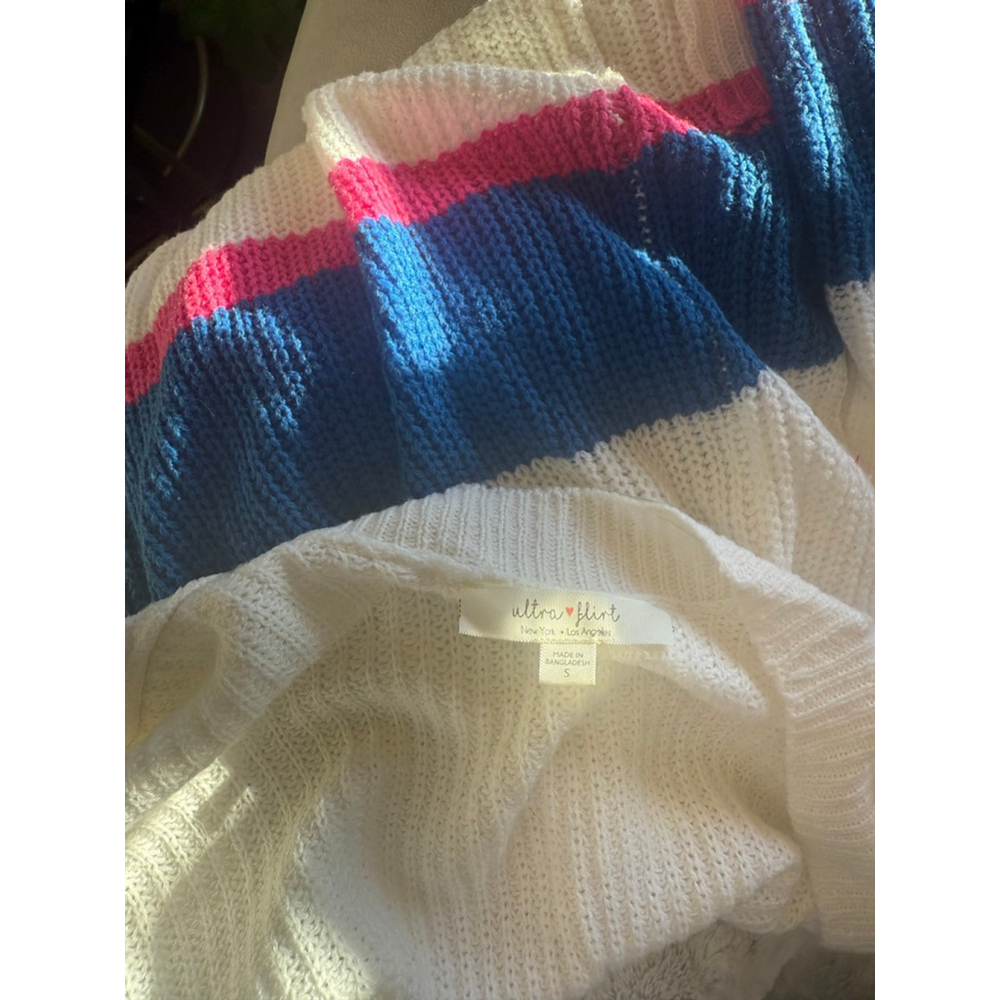 Women's Ultra Flirt White Blue Pink Striped Knit Cardigan S - Picture 4 of 4